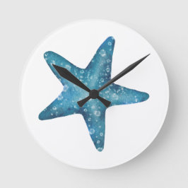 Nautical Watercolor Blue Starfish Rund Klocka