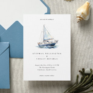 Nautical Watercolor Boat Yacht Coastal Bröllop Inbjudningar