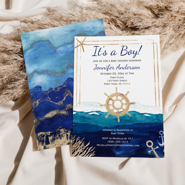 Nautical Watercolor Boy Baby Shower Inbjudningar (Skapare uppladdad)