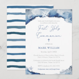 Nautical Watercolor Boy First Communion Party Inbjudningar