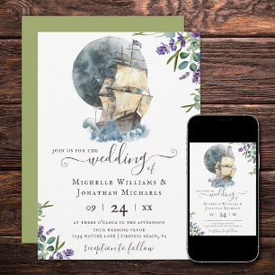 Nautical Watercolor Frakt Sailing Lavender Bröllop Inbjudningar