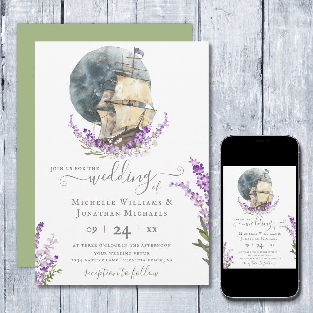 Nautical Watercolor Frakt Sailing Lavender Bröllop Inbjudningar (Skapare uppladdad)
