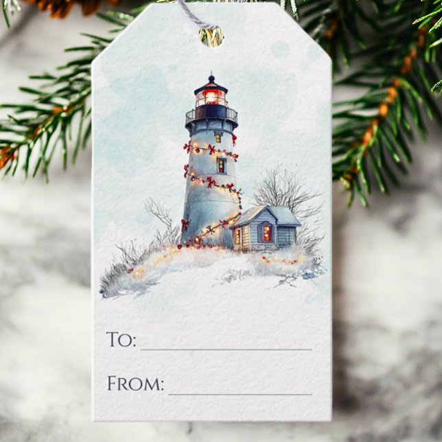 Nautical Watercolor Lighthouse-jul Presentetikett (Skapare uppladdad)