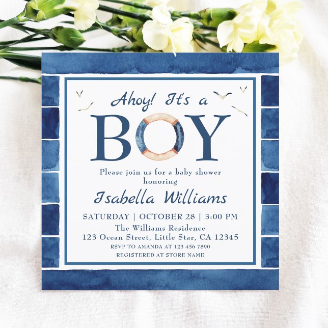 Nautical Watercolor Navy Blue Boy Baby Shower Inbjudningar (Skapare uppladdad)