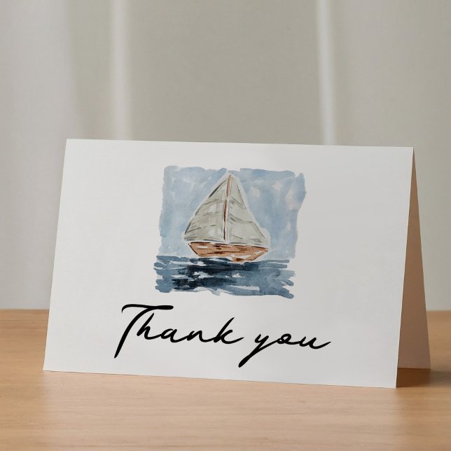 Nautical Watercolor Sailboat Shower Tack (Nautical watercolor sailboat Thank You folded greeting card.)