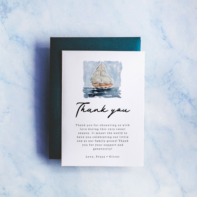 Nautical Watercolor Sailboat Shower Tack Kort (Nautical watercolor sailboat baby shower Thank You cards.)