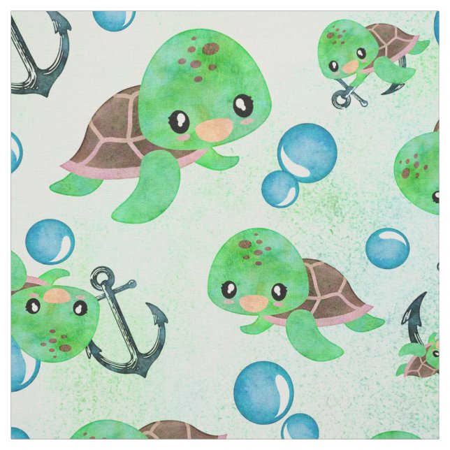 Nautical Watercolor Sea Turtle Anchors & Bubbles Tyg (Provkarta)