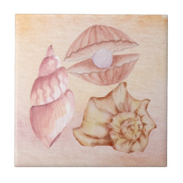 Nautical watercolor Seashells pink painting art Kakelplatta