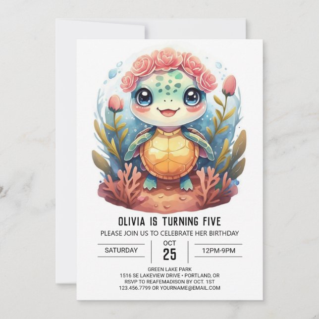 Nautical Watercolor Turtle Girl Birthday Inbjudningar (Framsida)