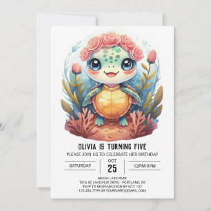 Nautical Watercolor Turtle Girl Birthday Inbjudningar