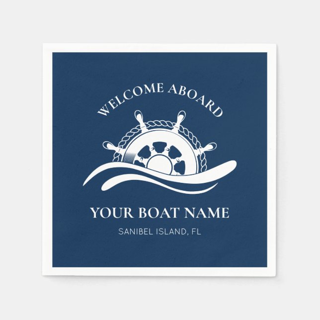 Nautical Welcome Aboard Boat Namn Frakt Wheel Pappersservett (Framsidan)