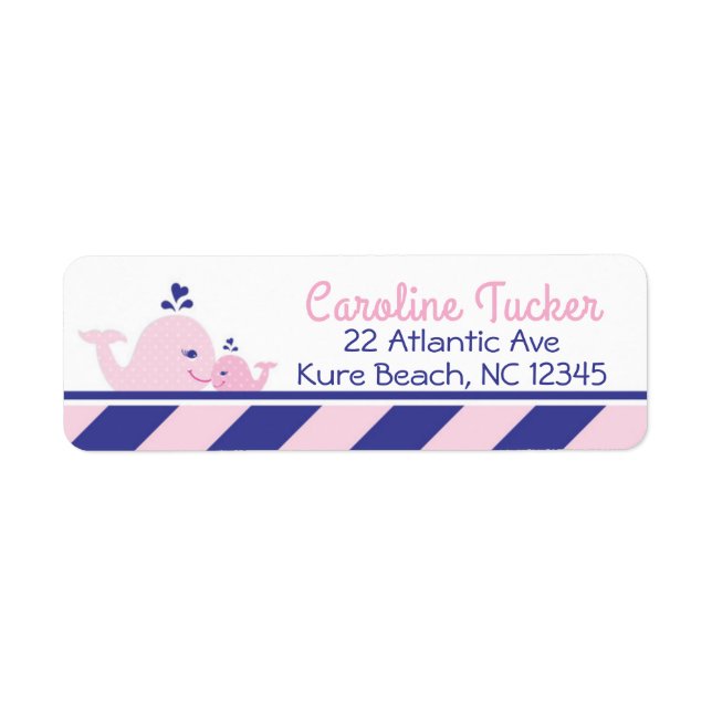Nautical Whale Baby Shower Address Label rosa navy Returadress Etikett (Framsidan)