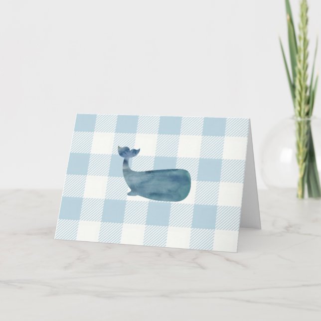 Nautical Whale Blue Gingham Mönster Kort (Framsida)