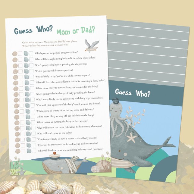 Nautical Whale gissar vem Blue Baby Shower Game (Nautical Whale Guess Who Blue Baby Shower Game ©Susanne Sachers - Sunny Mind Design 🌞)