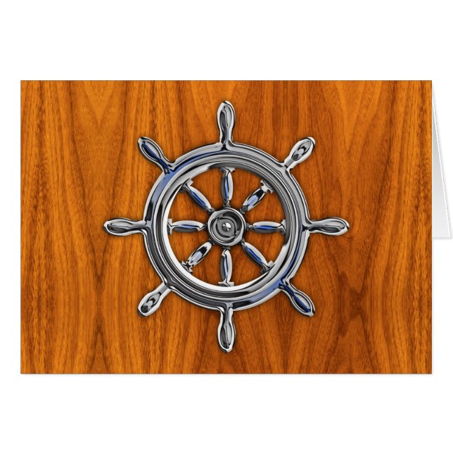 Nautical Wheel på Teak Veneer Hälsningskort (Framsidan Horizontal)