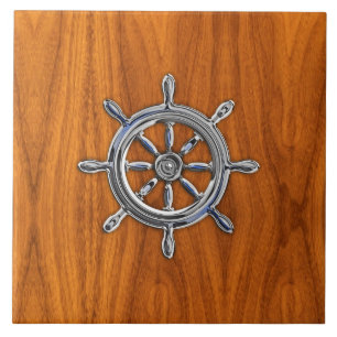 Nautical Wheel på Teak Veneer Kakelplatta