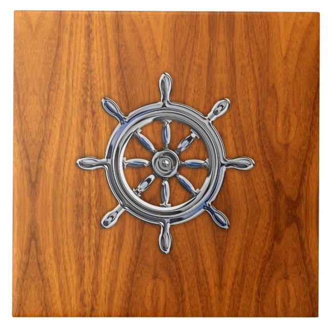 Nautical Wheel på Teak Veneer Kakelplatta (Framsidan)