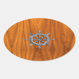 Nautical Wheel på Teak Veneer Ovalt Klistermärke