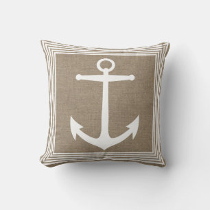 Nautical White Anchor & Faux Burlap Kudde