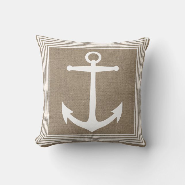 Nautical White Anchor & Faux Burlap Kudde (Framsida)