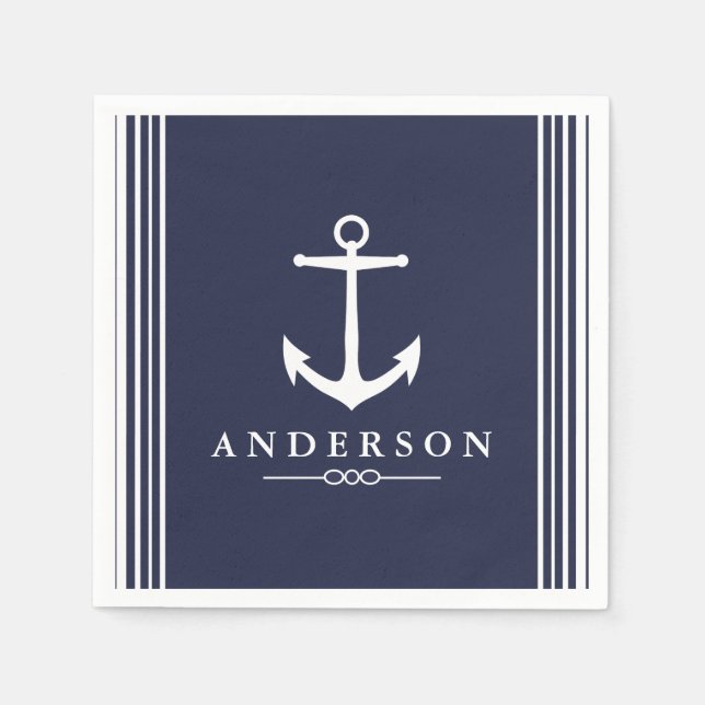 Nautical White Anchor & Navy Blue | PERSONLIG Pappersservett (Framsidan)