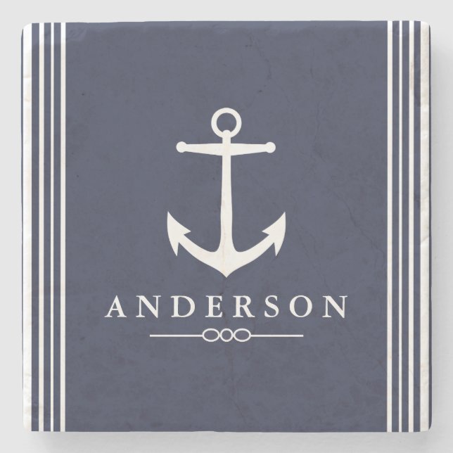Nautical White Anchor & Navy Blue | PERSONLIG Stenunderlägg (Framsidan)