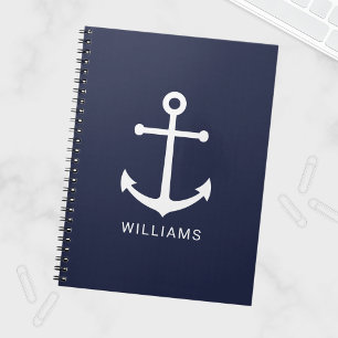 Nautical White Anchor och Custom Name på marinblåt Anteckningsbok