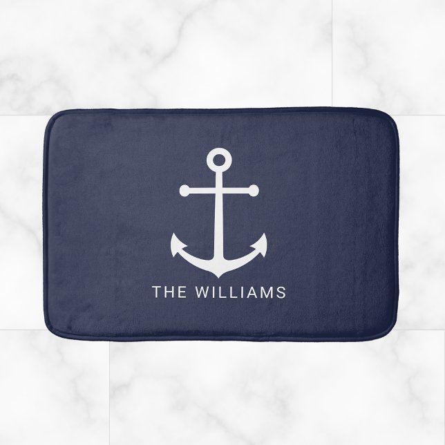 Nautical White Anchor och Custom Name på marinblåt Badrumsmatta (Skapare uppladdad)