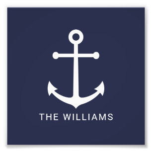 Nautical White Anchor och Custom Name på marinblåt Fototryck
