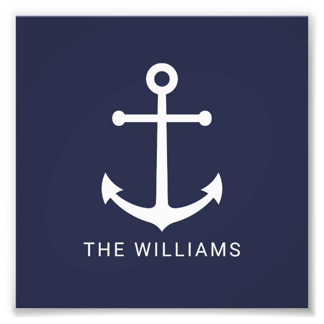 Nautical White Anchor och Custom Name på marinblåt Fototryck (Framsidan)