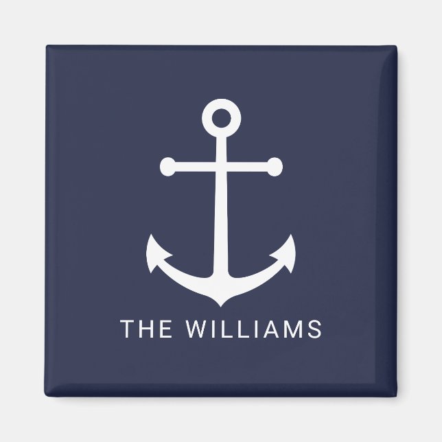 Nautical White Anchor och Custom Name på marinblåt Magnet (Framsidan)