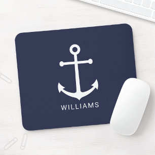 Nautical White Anchor och Custom Name på marinblåt Musmatta