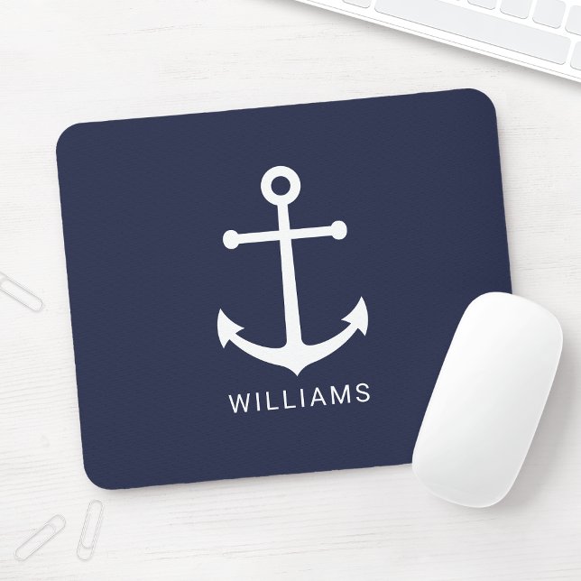Nautical White Anchor och Custom Name på marinblåt Musmatta (Skapare uppladdad)