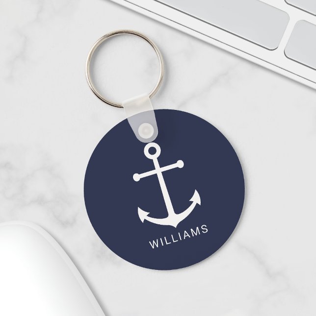 Nautical White Anchor och Custom Name på marinblåt Nyckelring (Skapare uppladdad)