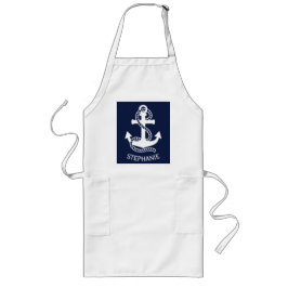 Nautical White and Navy Blue Anchor Apron Långt Förkläde