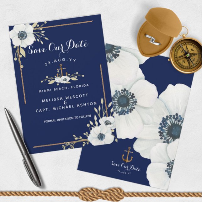 Nautical White Anemone & Navy Blue Anchor Bröllop Spara Datumet (Navy Blue & White Anemone Nautical Save Our Date Announcements)