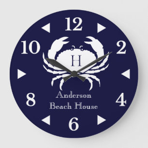 Nautical White Crab Navy Blue Coastal Stor Klocka