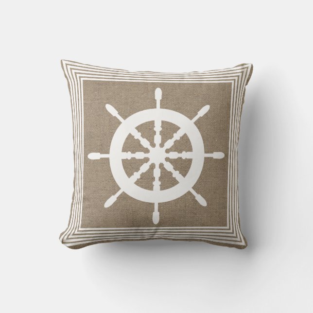 Nautical White Frakt Helm & Faux Burlap Kudde (Framsida)