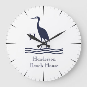 Nautical White Navy Blue Heron Coastal Monogram Stor Klocka