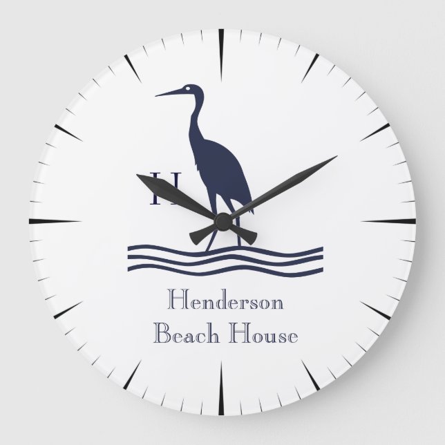 Nautical White Navy Blue Heron Coastal Monogram Stor Klocka (Framsida)