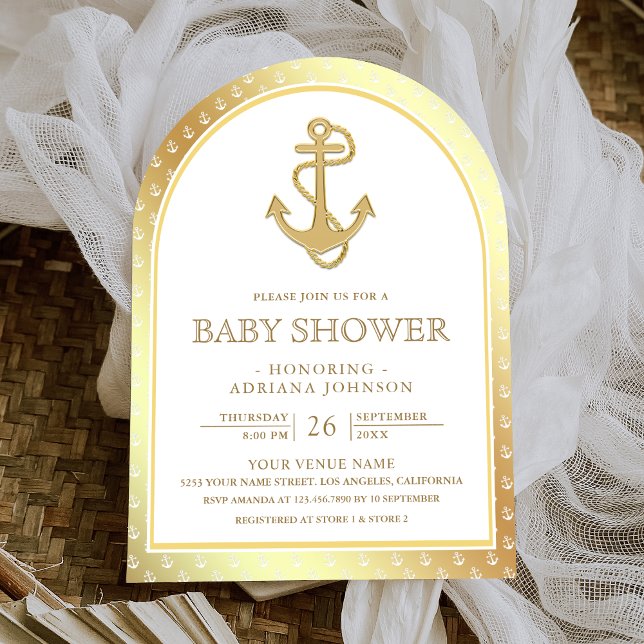 Nautical White och Guld Anchor Arch Baby Shower Inbjudningar (Skapare uppladdad)
