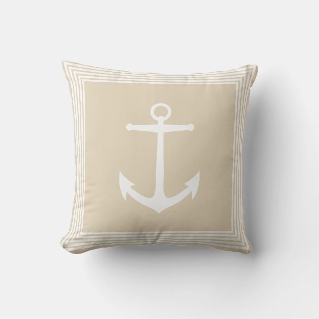 Nautical White Rand Anchor & Sandy Taupe Kudde (Framsida)