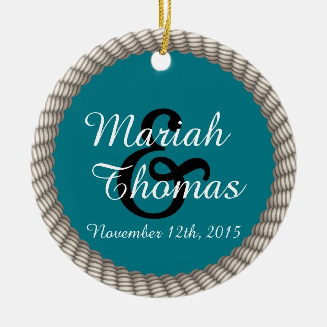 Nautical White Rope och Anchor Monogram Julgransprydnad Keramik (Framsidan)