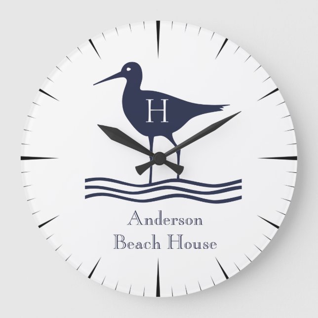 Nautical White Sandpipe Navy Blue Coastal Monogram Stor Klocka (Framsida)