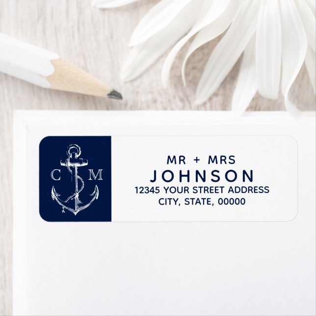Nautical White Sketch Anchor Navy Monogram Returadress Etikett (Insitu)