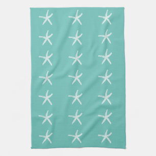 Nautical White Starfish Mönster Teal Blue Beach Kökshandduk