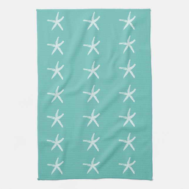 Nautical White Starfish Mönster Teal Blue Beach Kökshandduk (Vertikal)