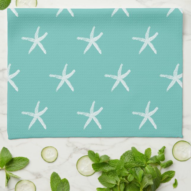 Nautical White Starfish Mönster Teal Blue Cute Kökshandduk (Vikta)