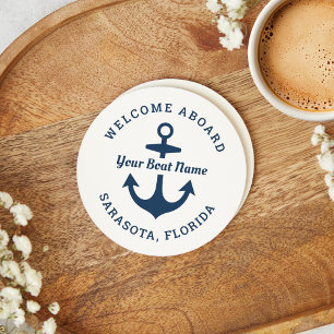 Nautical White Välkommen Aboard Boat Namn Anchor Underlägg Papper Rund