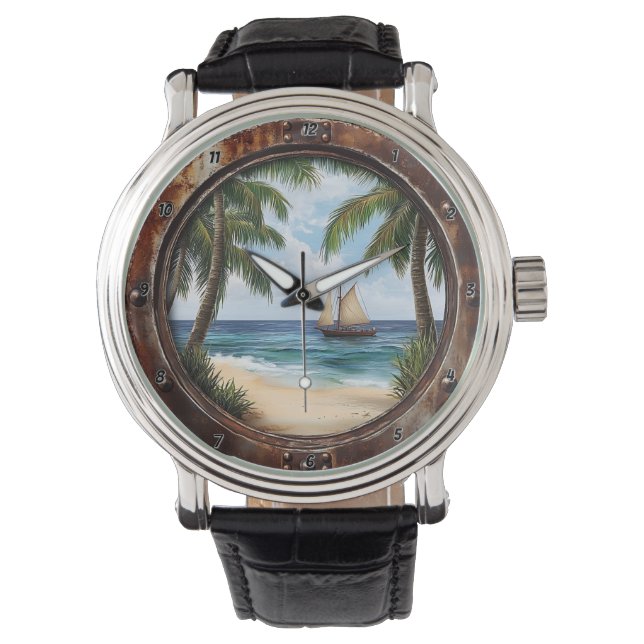 Nautical Window Coastal Retreat Rustic Beach Armbandsur (Framsida)
